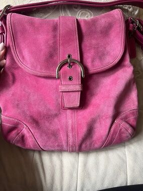 Coach Pink Suede Shoulder Bag with Buckle Detail